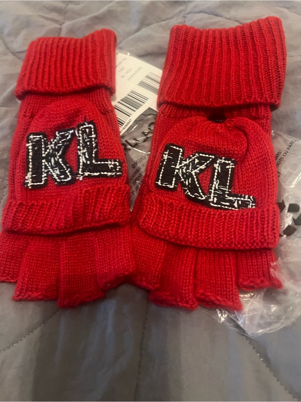 Karl Lagerfeld Red Convertible Fingerless Gloves with KL Patch